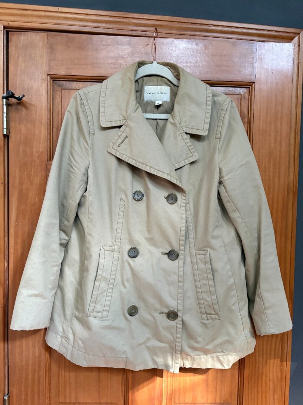 Banana Republic Tan Short Double Breasted Trench Jacket Womens L Quilted Lined